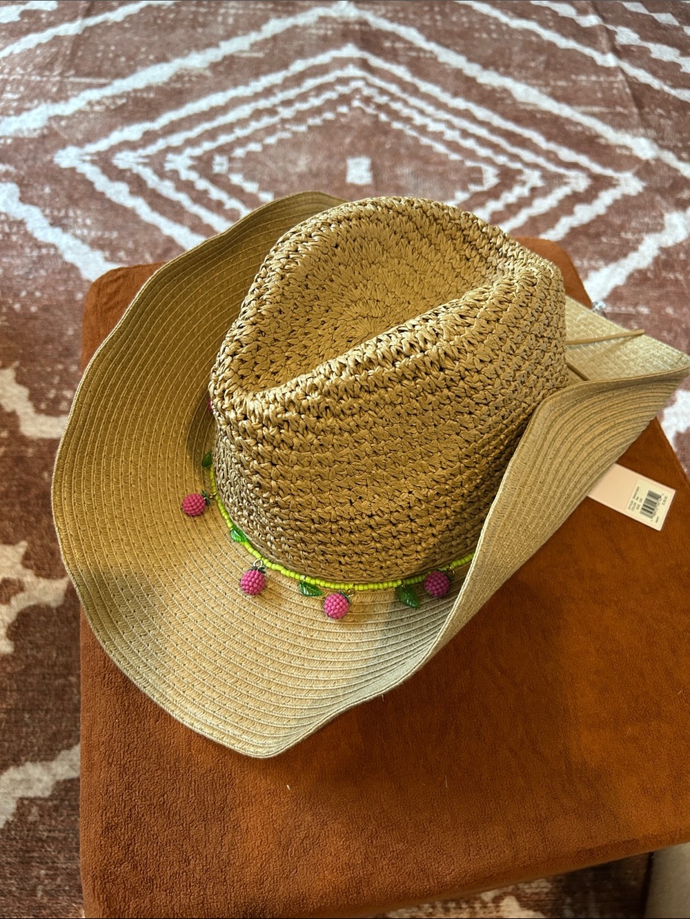 BCBGeneration Straw Cowboy Hat with Pink Pom Trim and Green Band